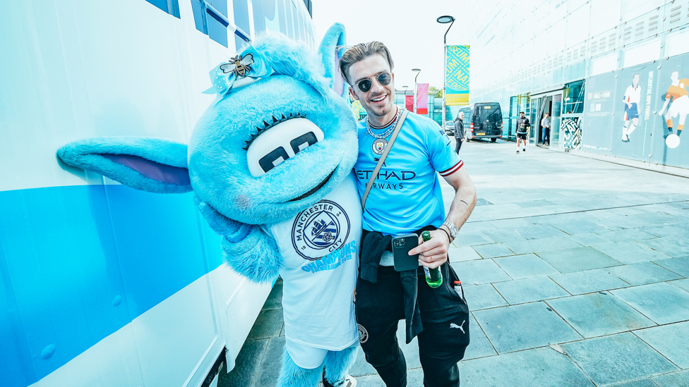 BLUE MONDAY: Jack Grealish celebrates with Moonchester ahead of the parade
