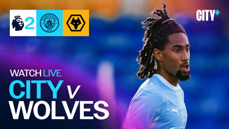 Promotional graphic for Manchester City vs Wolves match, featuring Premier League logos, team crests, and a player in Manchester City kit. Emphasis on watching live with City+ subscription.
