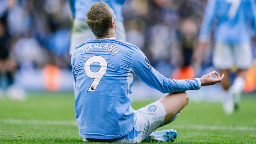 TRADEMARK : Erling celebrates in familiar fashion.