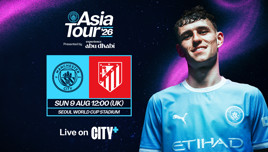 Promotional image for the Asia Tour 2026 featuring Manchester City vs Atletico Madrid at Seoul World Cup Stadium. Date: Sun 9 Aug, 12:00 (UK).