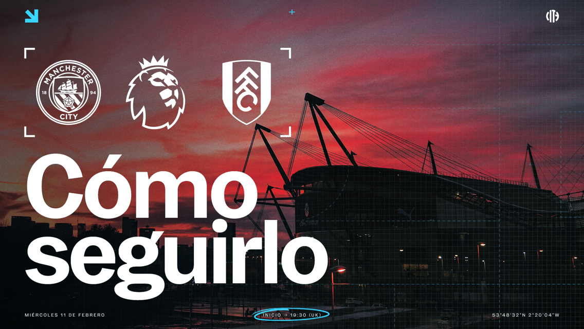 Graphic for Manchester City vs Fulham match with Premier League logo, date Wednesday, February 11, and start time 19:30 (UK). Background shows stadium silhouette at sunset.