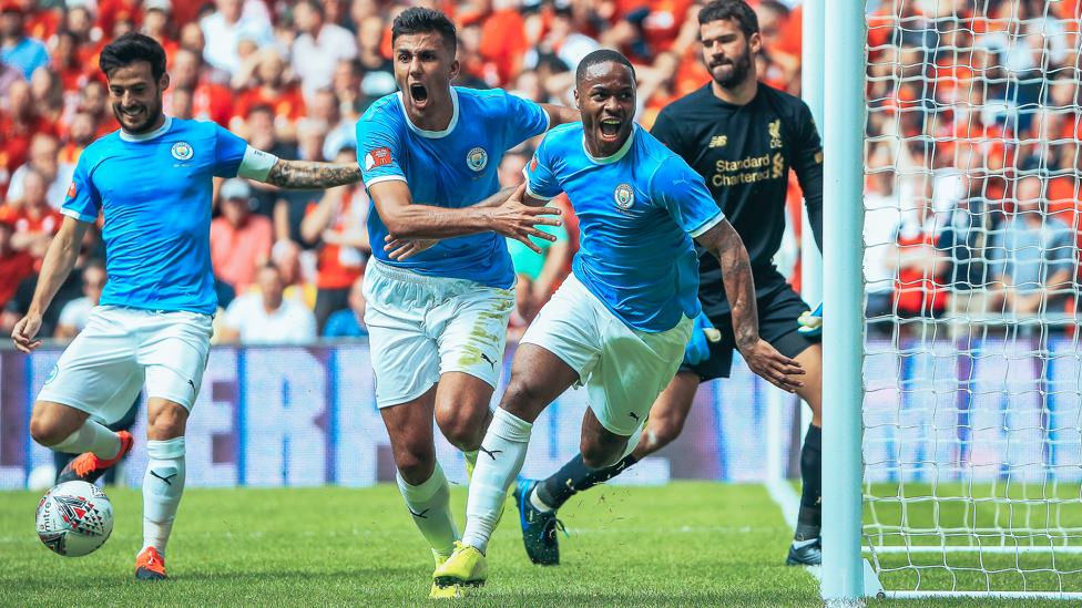CAUSING A STER : Raheem Sterling celebrates the opening goal of the 2019 Community Shield final | City 1-1 Liverpool (4 August 2019).