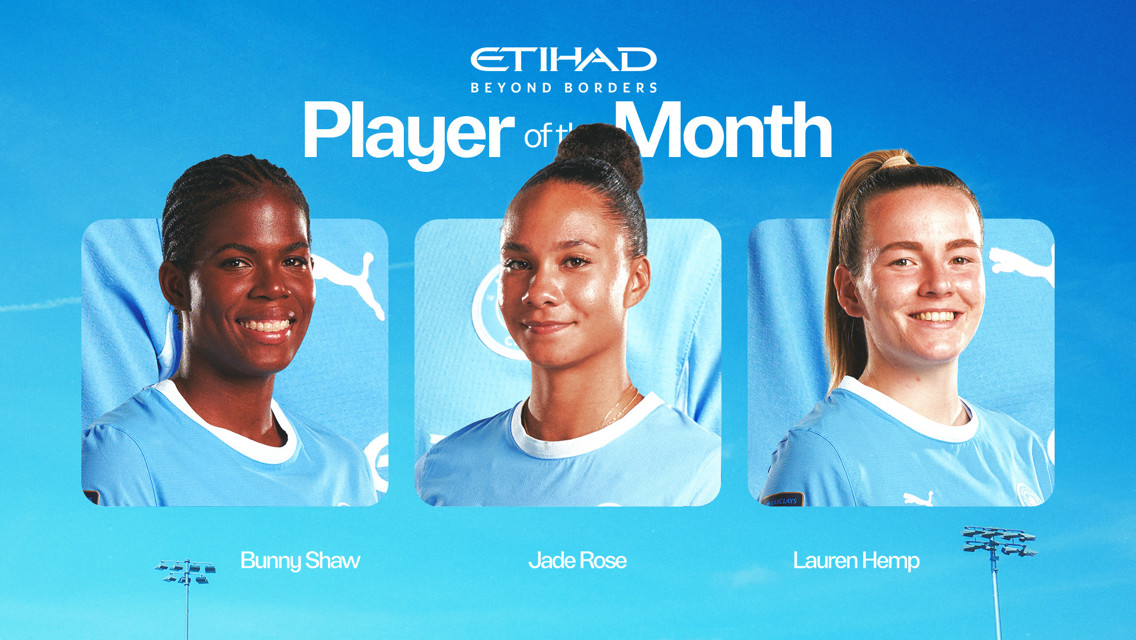 Three Manchester City Women's players are featured for the Etihad Beyond Borders Player of the Month: Bunny Shaw, Jade Rose, and Lauren Hemp. They are in front of a blue background.
