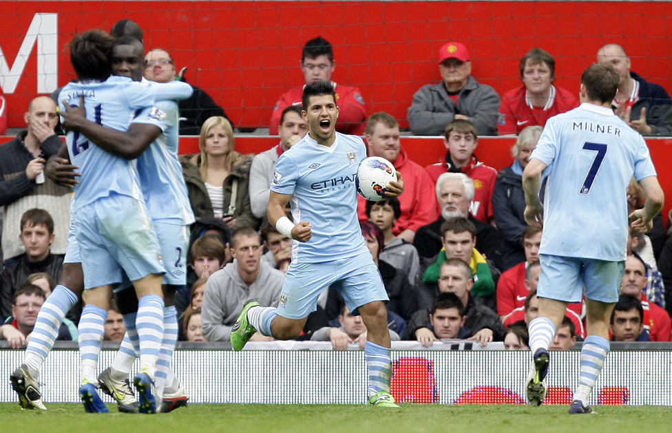 DERBY DELIGHT : Aguero scored on his Manchester derby debut in 2011