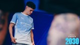 A person wearing a Manchester City jersey featuring Puma and Etihad Airways logos with 'PHIL FODEN 2030' text on the bottom right.