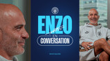 Teaser for an upcoming show featuring Enzo in conversation, associated with Manchester City. The image features a person smiling, the Manchester City logo, and text stating 'Enzo in Conversation' with 'Coming Soon'.