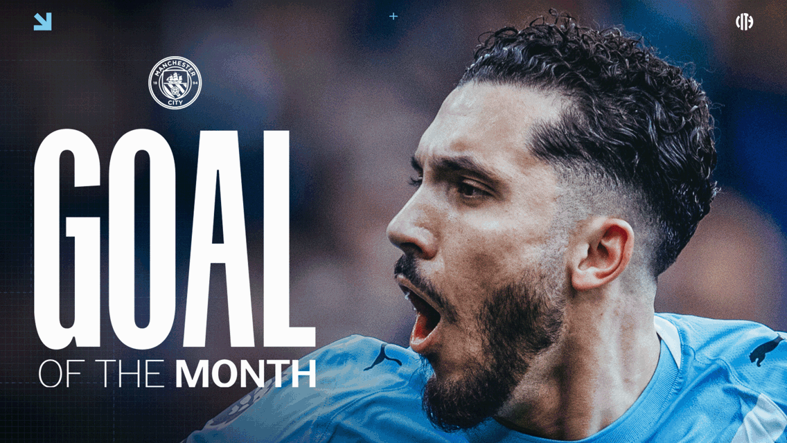 Text design highlighting the 'Goal of the Month' award with the Manchester City logo. The image features an obscured player in a Manchester City blue kit.
