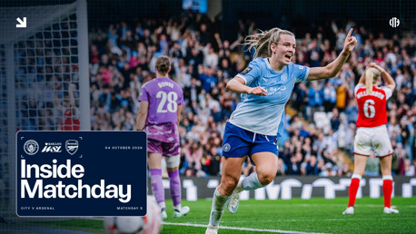 A Manchester City player celebrates a goal during a match against Arsenal, with the date stated as October 4, 2026. The event is part of the Barclays WSL, Matchday 5.