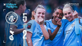 Manchester City Women's team celebrating their 5-2 victory over Tottenham Hotspur. Includes the score, team logos, and players in Manchester City jerseys.