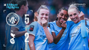 Manchester City Women's team celebrating their 5-2 victory over Tottenham Hotspur. Includes the score, team logos, and players in Manchester City jerseys.