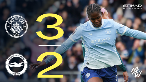 A graphic showing the final score of a football match between Manchester City and Brighton & Hove Albion, with Manchester City winning 3-2.