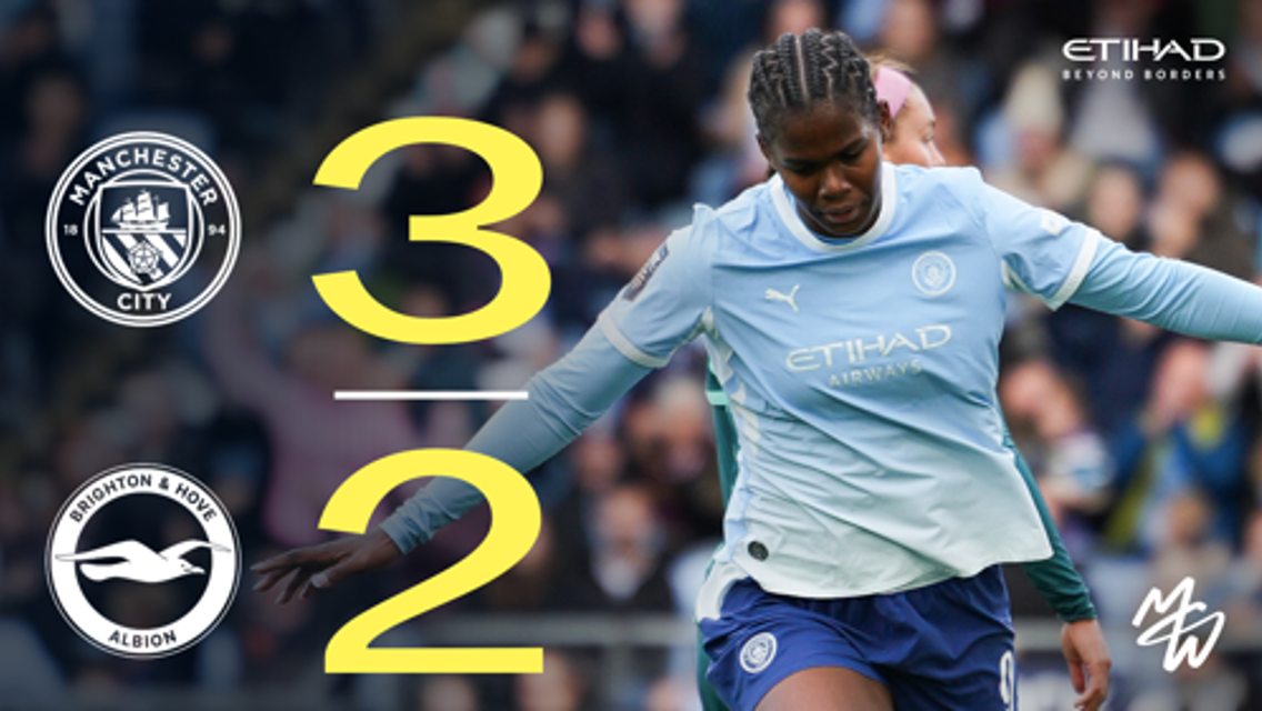 A graphic showing the final score of a football match between Manchester City and Brighton & Hove Albion, with Manchester City winning 3-2.