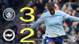 A graphic showing the final score of a football match between Manchester City and Brighton & Hove Albion, with Manchester City winning 3-2.