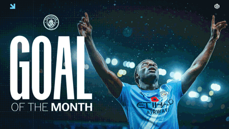 A football player from Manchester City celebrates a goal with hands raised. The text 'Goal of the Month' is overlaid, and the Manchester City logo is visible.