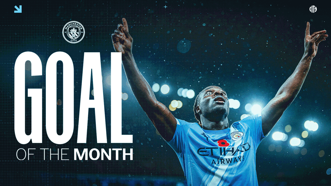 A football player from Manchester City celebrates a goal with hands raised. The text 'Goal of the Month' is overlaid, and the Manchester City logo is visible.