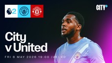 Poster for the Manchester City vs Manchester United match on Friday, 8 May 2026. Featuring Manchester City player. Logos of Premier League, Manchester City and Manchester United are displayed.