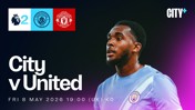 Poster for the Manchester City vs Manchester United match on Friday, 8 May 2026. Featuring Manchester City player. Logos of Premier League, Manchester City and Manchester United are displayed.