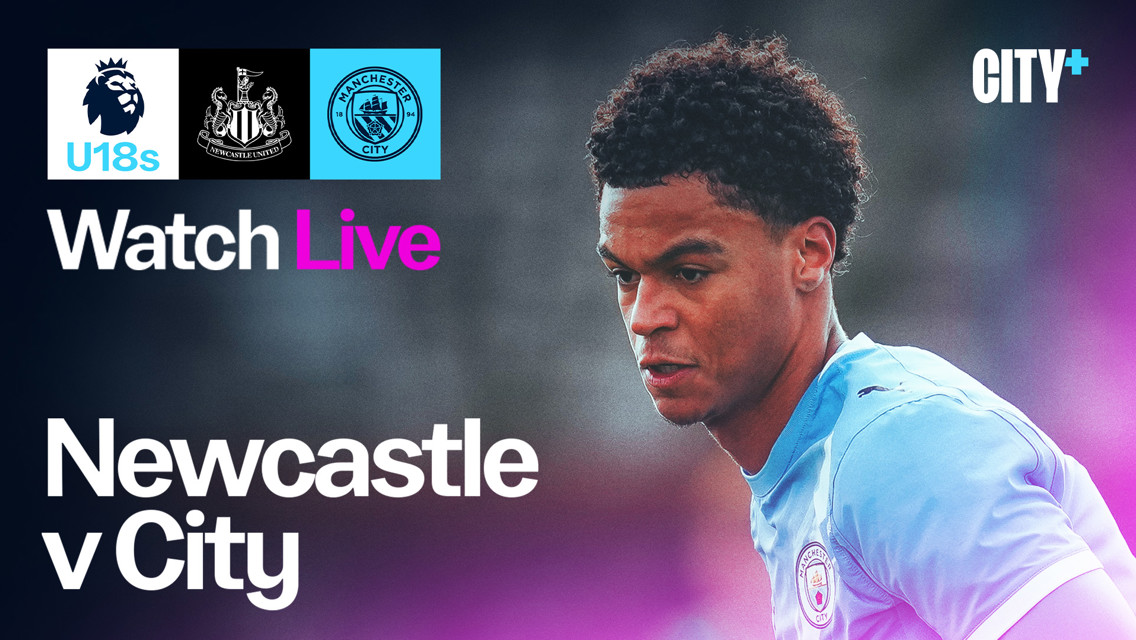 Promotional image for the U18 Premier League match between Newcastle United and Manchester City, featuring the logos of both teams and a player blurred out.