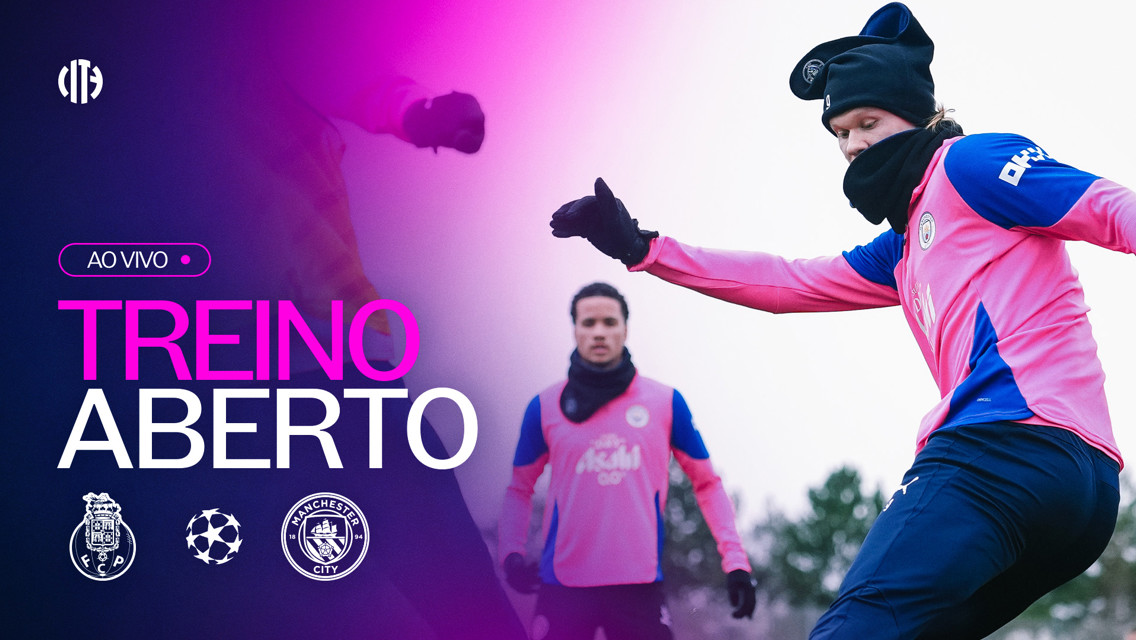Image promoting a live open training session featuring Manchester City players wearing pink training kits with logos of FC Porto, UEFA, and Manchester City.