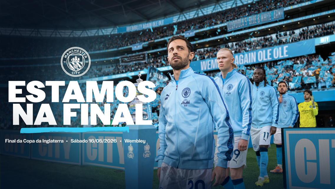 Manchester City players in blue tracksuits enter the stadium, announcing their arrival in the FA Cup final scheduled for May 16, 2026 at Wembley.