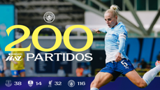 A female Manchester City player kicking a ball, with text celebrating 200 matches played, featuring club logos and match numbers.