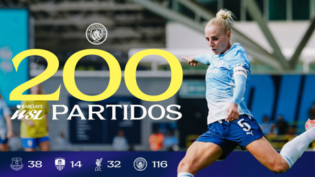 A female Manchester City player kicking a ball, with text celebrating 200 matches played, featuring club logos and match numbers.