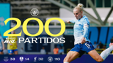 A female Manchester City player kicking a ball, with text celebrating 200 matches played, featuring club logos and match numbers.