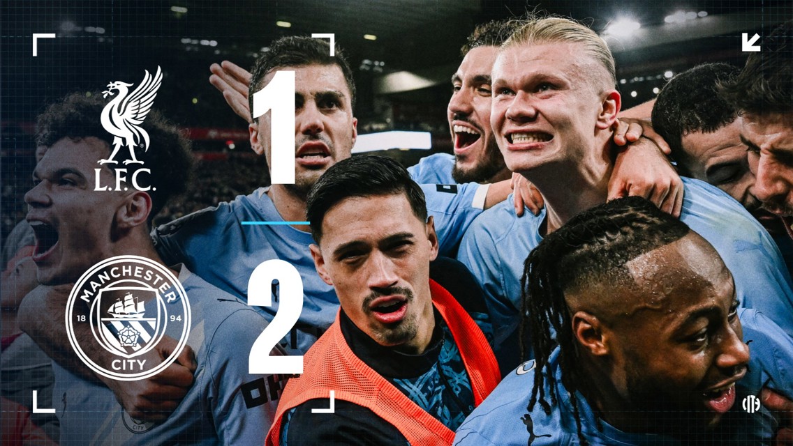 Celebration by Manchester City players after a match with scored goals, featuring the logos of Liverpool FC and Manchester City.