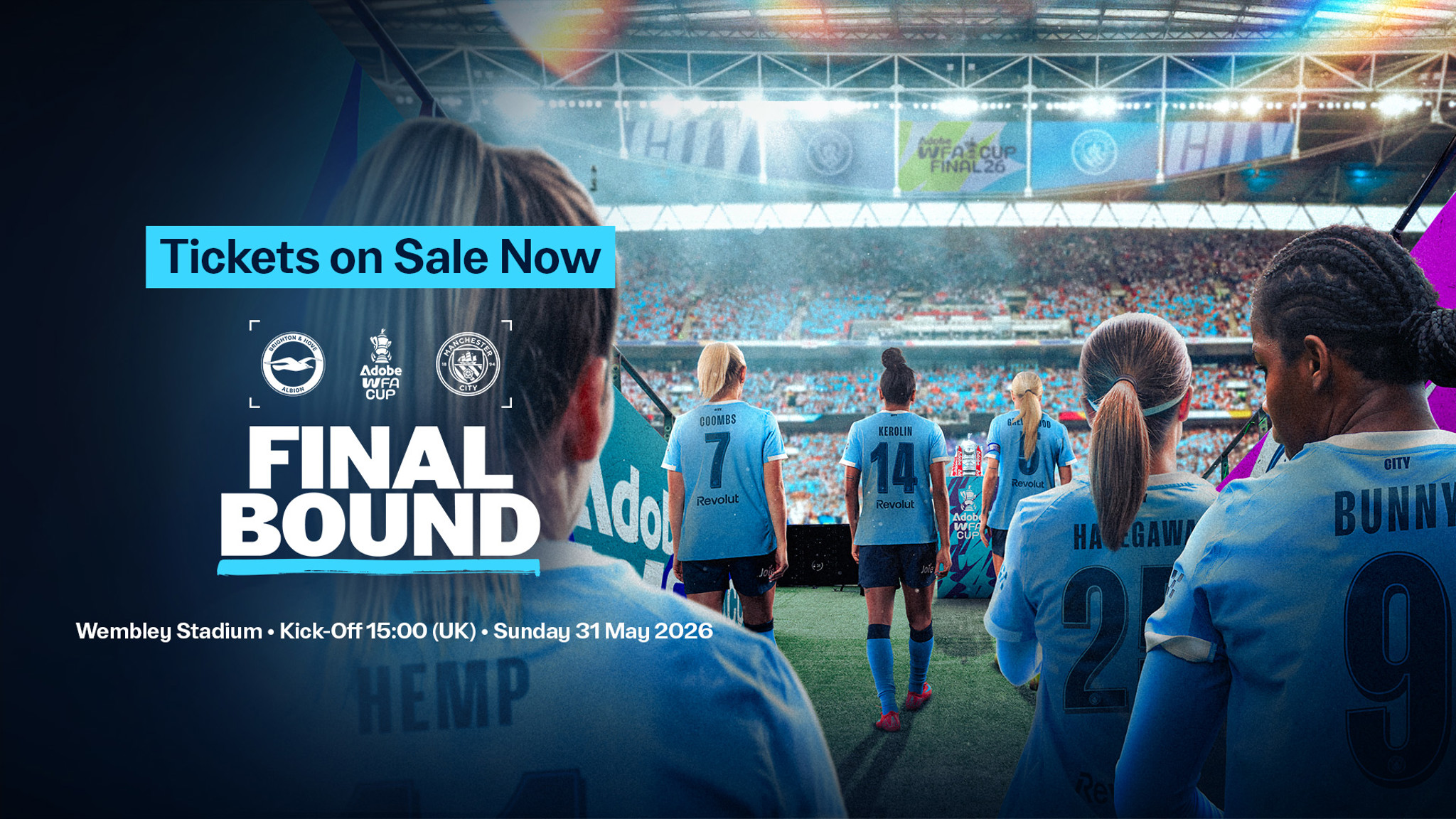 A promotional image for the Adobe Women's FA Cup Final featuring Manchester City Women with ticket information for the match against Brighton & Hove Albion Women at Wembley Stadium on 31st May 2026.