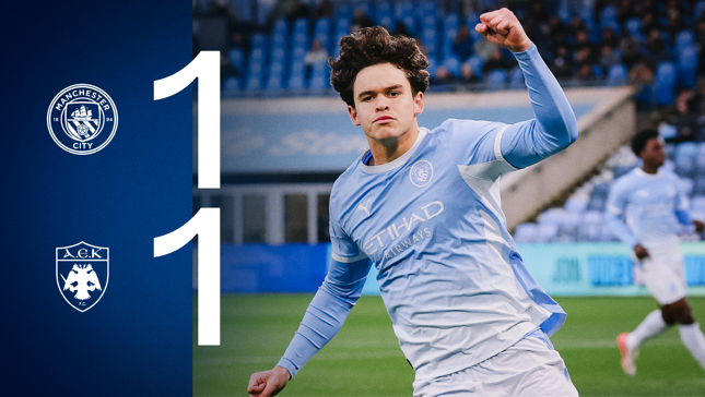 Manchester City match score screen showing the final result of 1-1 against AEK Athens. A player from Manchester City is celebrating.