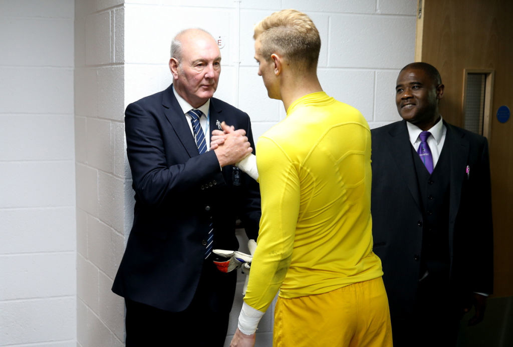 ONE KEEPER TO ANOTHER : Joe Corrigan greets Joe Hart at the Etihad Stadium.