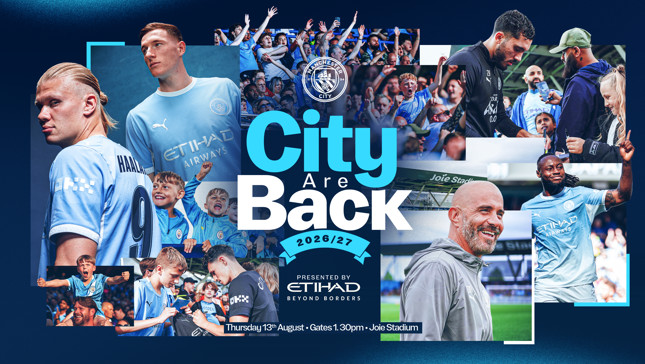 Manchester City promotional poster for the 2026/27 season at Joie Stadium. Features players, fans celebrating, and event details.