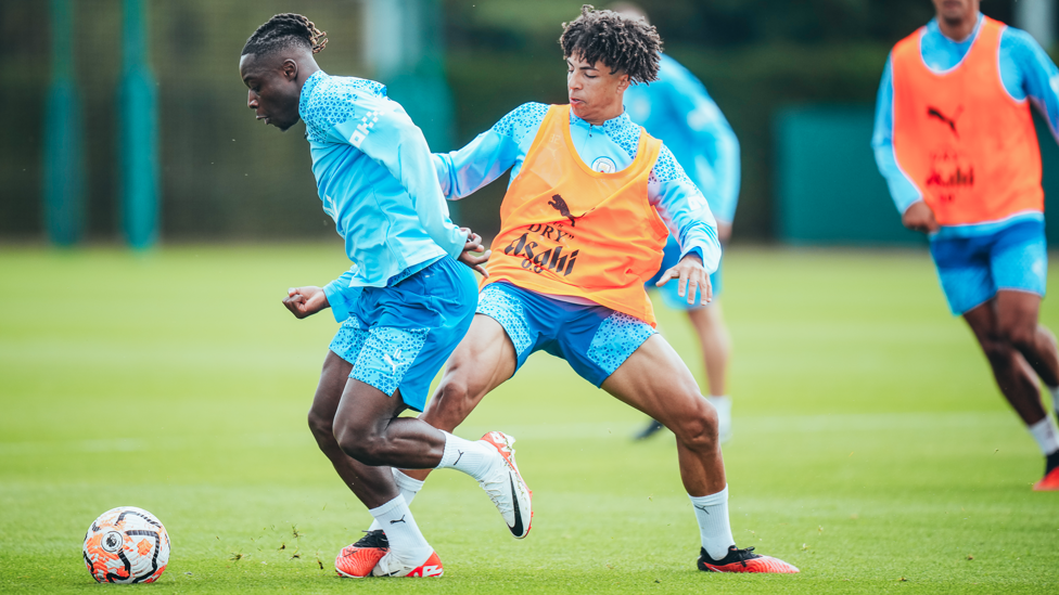 PLEASED TO MEET YOU : Jeremy Doku and Rico Lewis get acquainted out on the CFA fields