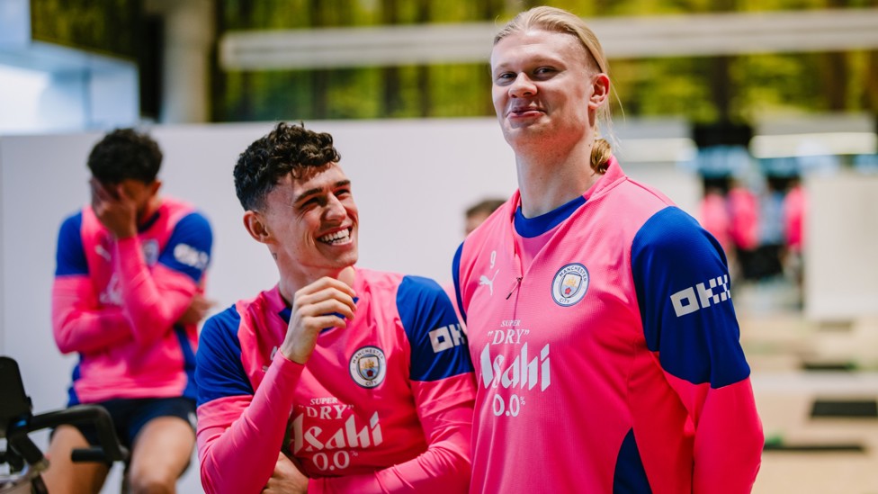 DYNAMIC DUO : Phil Foden and Erling Haaland share a joke in the gym