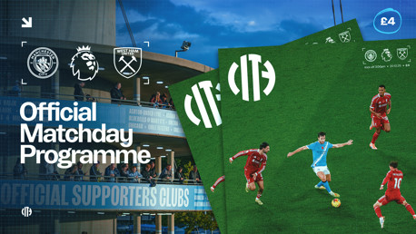 Official matchday programme cover for a Premier League match between Manchester City and West Ham United. Features logos, player graphics, and pricing details.