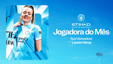 A promotional image in Portuguese for Etihad's 'Jogadora do Mês' (Player of the Month) featuring a Manchester City Women's player. The name Lauren Hemp is mentioned as the winner.