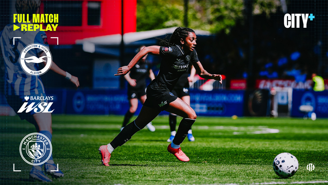 Action shot from a Women's Super League match between Brighton & Hove Albion and Manchester City, featuring a Manchester City player in black kit dribbling the ball. Event highlighted as a full match replay.