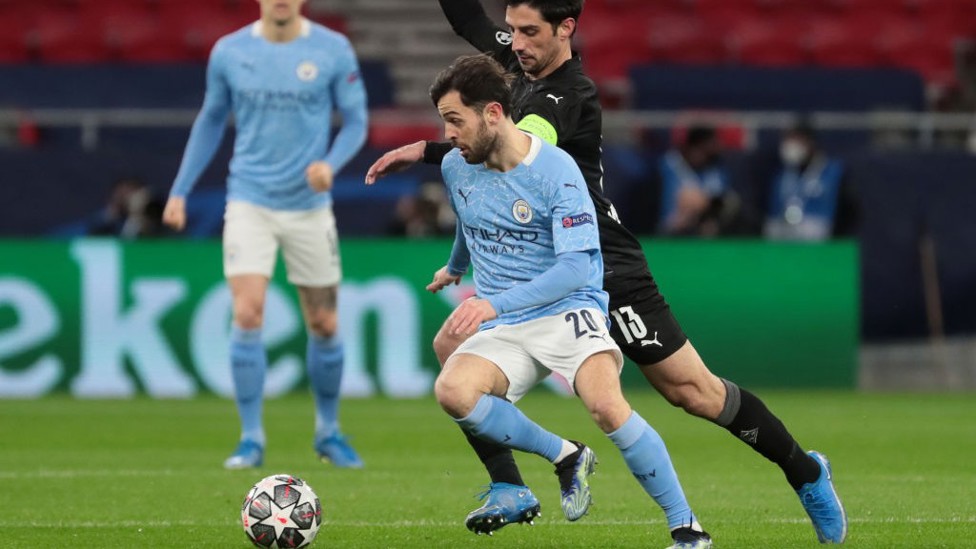 PACE TO BERN: Bernardo Silva breaks forward under pressure from Lars Stindl