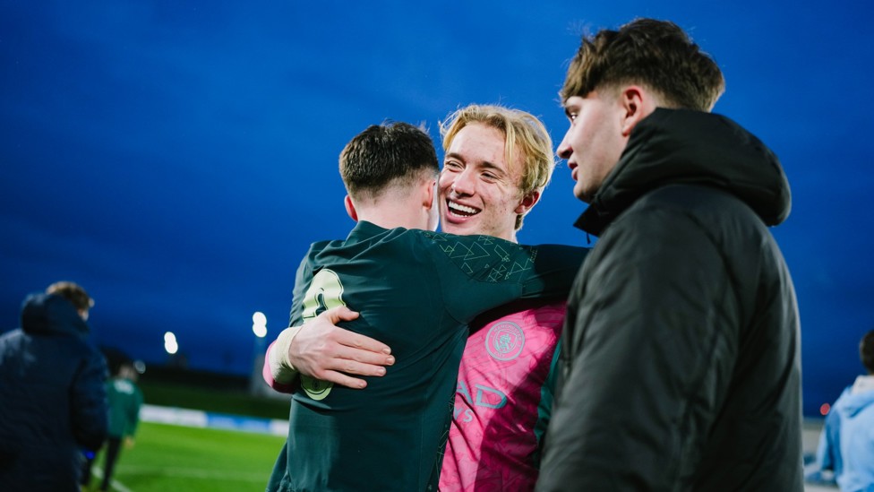 MAN OF THE MOMENT : Spike Brits and Kian Noble celebrate our win.