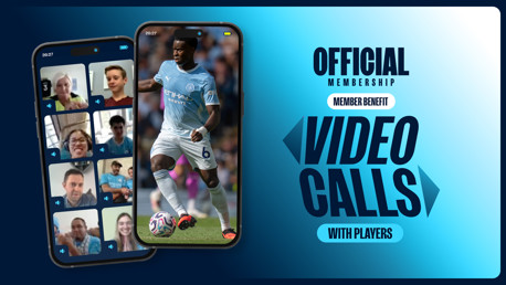 Promotional image for Manchester City's official membership benefits, featuring video calls with players. Includes a smartphone graphic displaying participants in a call and a player image.