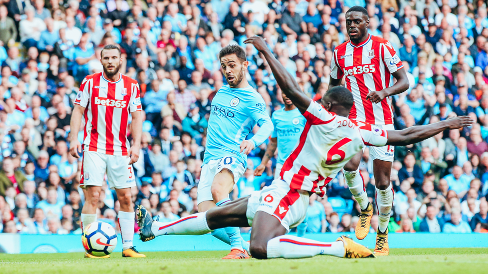 FIRST OF MANY  : The Portuguese nets his first City goal in a strong 7-2 win over Stoke. 