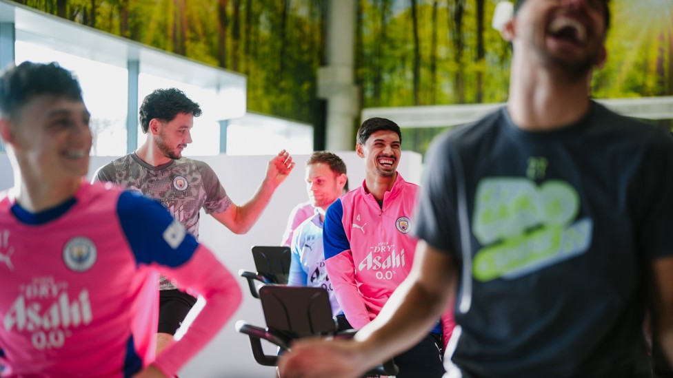 SQUAD GOALS : The lads in high spirits on the bikes