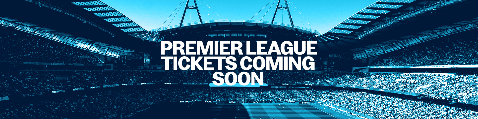 A stadium filled with people and the text 'Premier League Tickets Coming Soon' overlaid in the center.