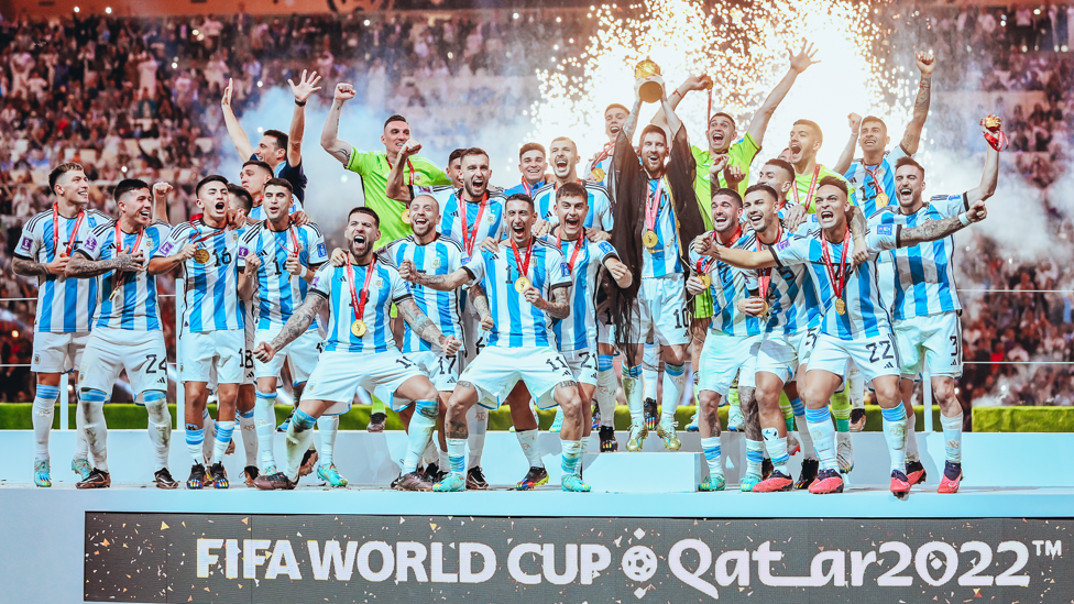 WORLD CUP WINNER : Alvarez and his Argentina team-mates celebrate a first World Cup triumph since 1986