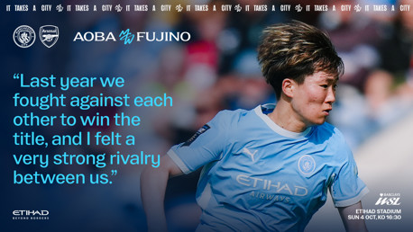 A Manchester City player with blue kit is shown alongside text about a strong rivalry against Arsenal. The match is at Etihad Stadium, Sunday 4th October, 16:30, Barclays WSL.