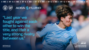 A Manchester City player with blue kit is shown alongside text about a strong rivalry against Arsenal. The match is at Etihad Stadium, Sunday 4th October, 16:30, Barclays WSL.