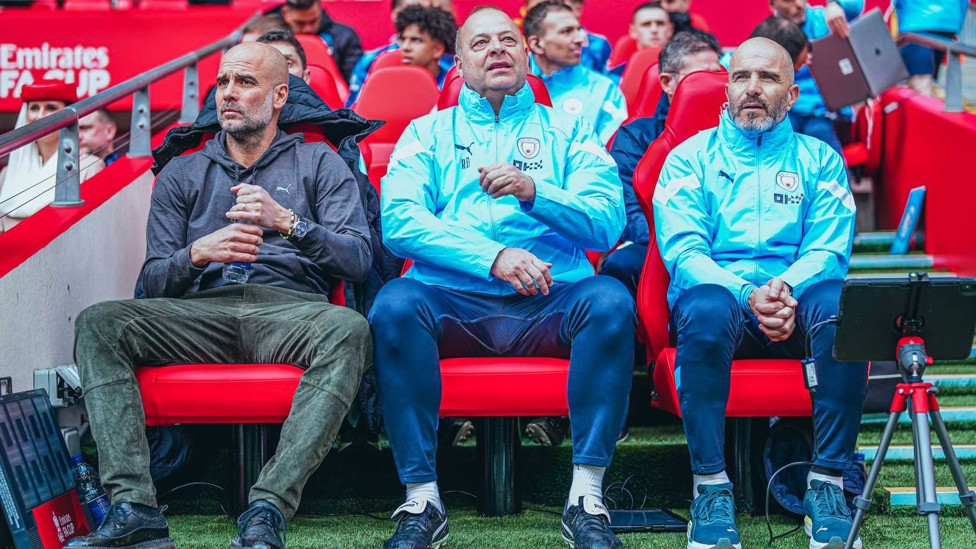 TOP TRIO : Pep, Enzo and Rodolfo Borrell wait for the start of the FA Cup semi-final against Sheffield United at Wembley, a Riyad Mahrez hat-trick ensuring safe passage through to the showpiece.