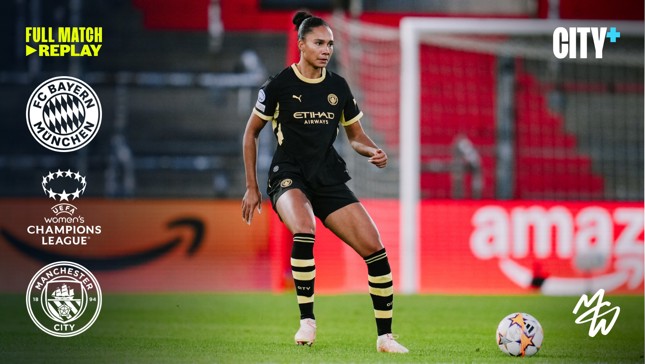 A Manchester City player in black kit with yellow accents controls the ball in a UEFA Women's Champions League match against Bayern Munich. Logos for both clubs and UEFA are visible.