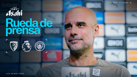 Press conference graphic for the Bournemouth vs Manchester City match on Monday, May 18, 2026, featuring the blurred face of a speaker, AFC Bournemouth logo, Premier League logo, and Manchester City logo.