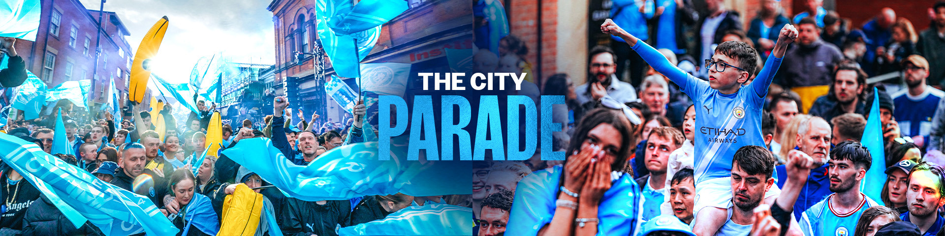 Promo for 'The City Parade' on Monday, 25 May. Show starts at 4 PM. Features crowd images and Manchester City logo.